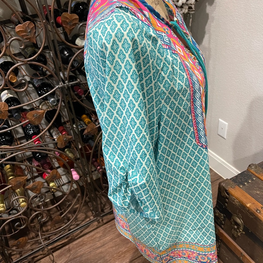 Vibrant Teal and Pink Women's Swim 3/4 length sleeve Swim Coverup - Picture 4 of 9